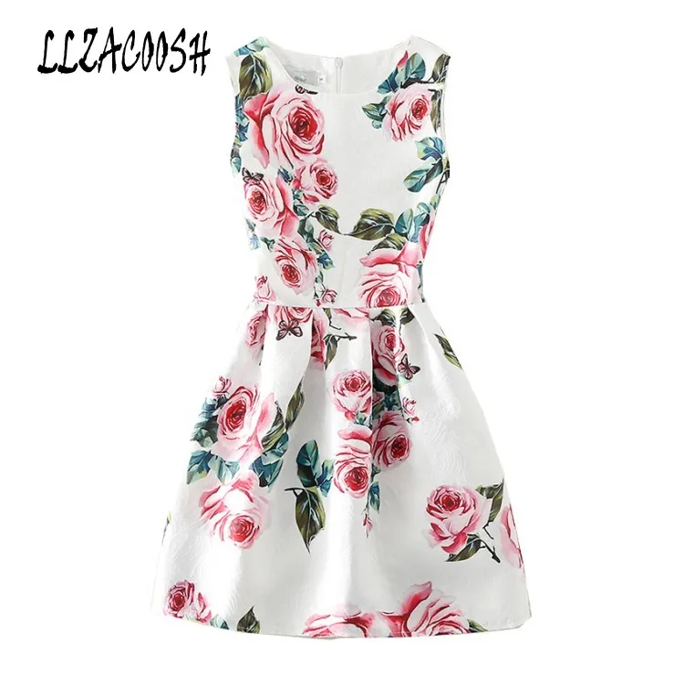 

New Arrival 2018 Women Summer Dress Fashion Retro Rose Flowers Print Slim Sleeveless A-Line Mini Dress