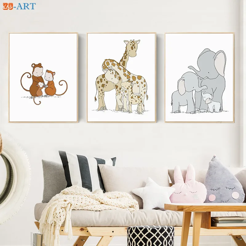 

Safari Animals Canvas Painting Elephant Giraffe Monkey Family Nursery Posters and Prints Wall Art Kids Room Wall Pictures