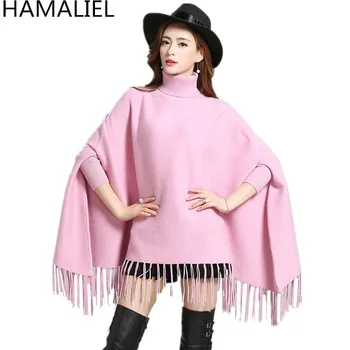 

HAMALIEL Oversized Autumn Winter Women Knitted Poncho Sweater 2018 Fashion Turtleneck Cloak Long Batwing Sleeve Tassel Sweaters