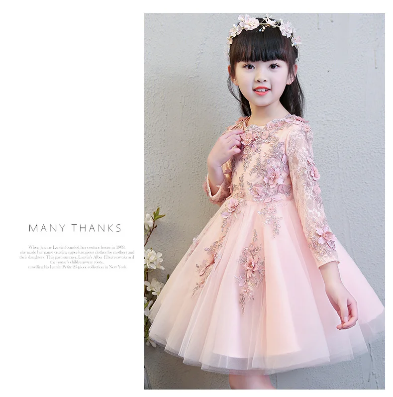 Элегантное свадебное платье для девочек; розовые кружевные вечерние платья принцессы с бусинами и аппликацией; платье для дня рождения с длинными рукавами; платье с цветочным узором для девочек; платье для первого причастия