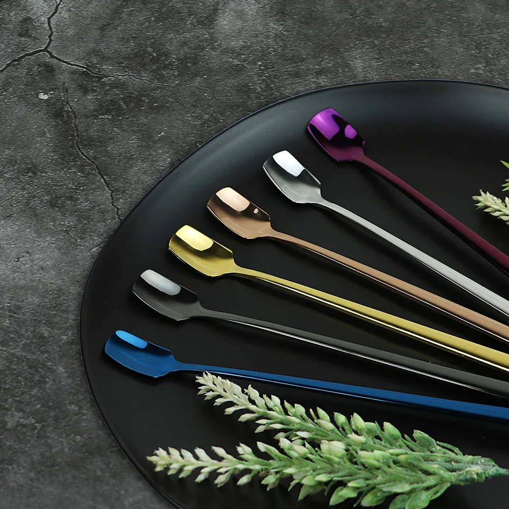 

5pcs/lot Stainless Steel Creative Spoon for Desert Ice Cream Stir Coffee Spoon Long Handle Retangular Head High Fashion Gold