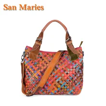 Сумки San maries ручной работы тканые вязание пояса из натуральной кожи сумки на плечо для женщин разноцветный разноцветная Сумка Женский Tote