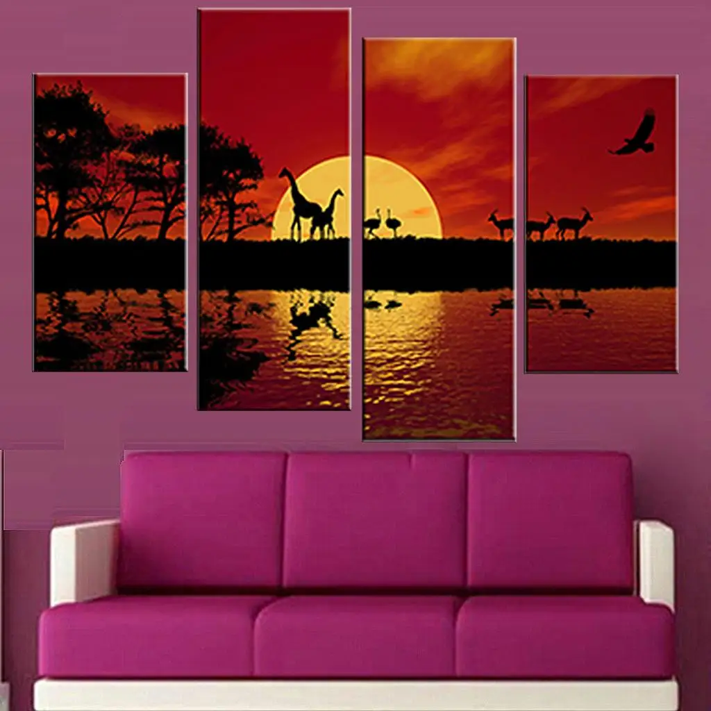 Buy 4 Pcs/Set Unframed Canvas Painting Africa Red Tone Combined Paintings