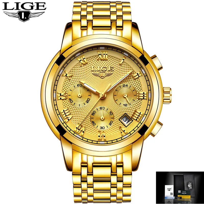 LIGE мужские часы Топ люксовый бренд все стальные кварцевые часы мужские повседневные модные часы водонепроницаемые спортивные часы Relogio Masculino - Цвет: Full yellow