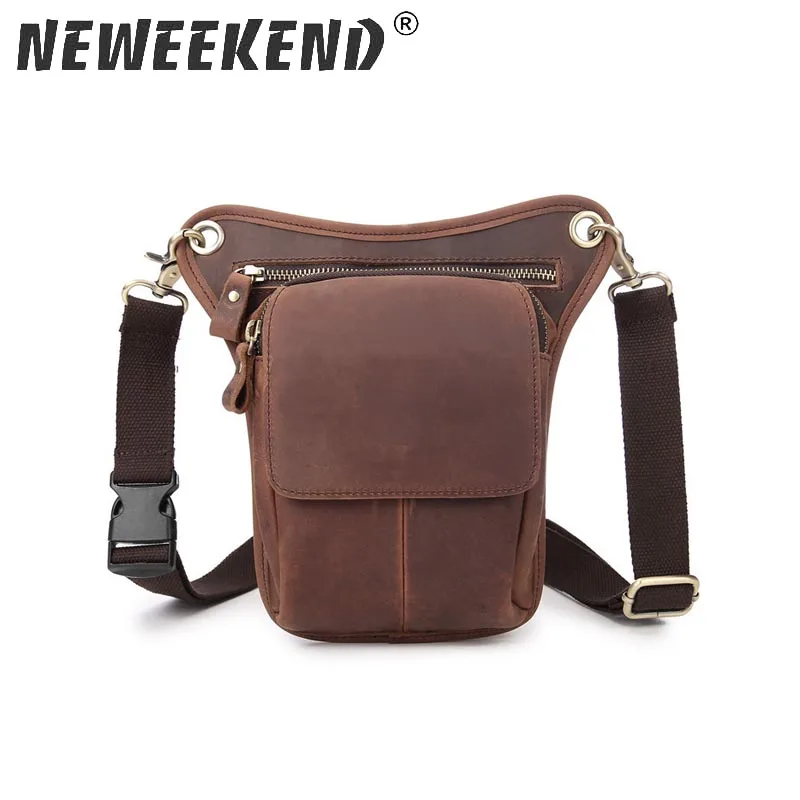 

NEWEEKEND Men's Cowhide Geunine Leather Small Motorcycle Messenger Shoulder Hip Belt Fanny Pack Waist Drop Leg Bag MS3010