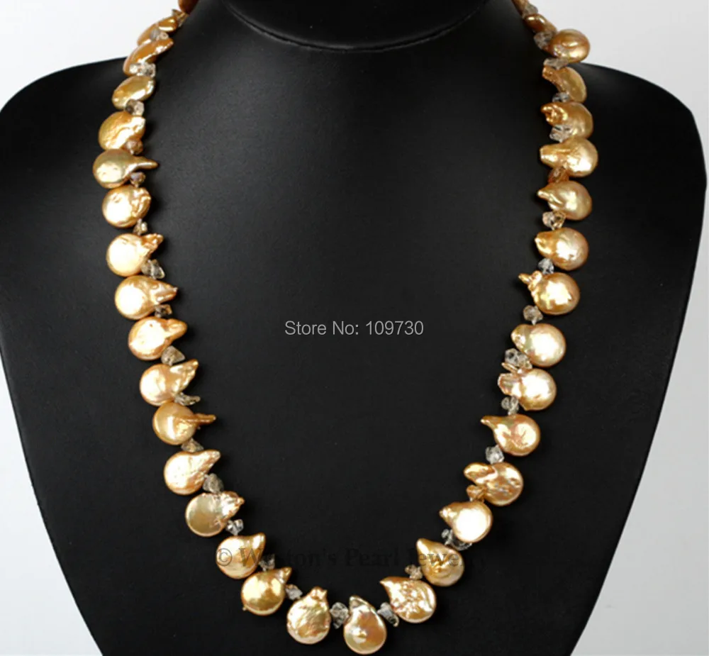 

Jewelry 002820 UNIQUE FIREBALL BAROQUE COIN SHAPE GOLDEN FRESHWATER PEARL CRYSTAL BEAD NECKLACE