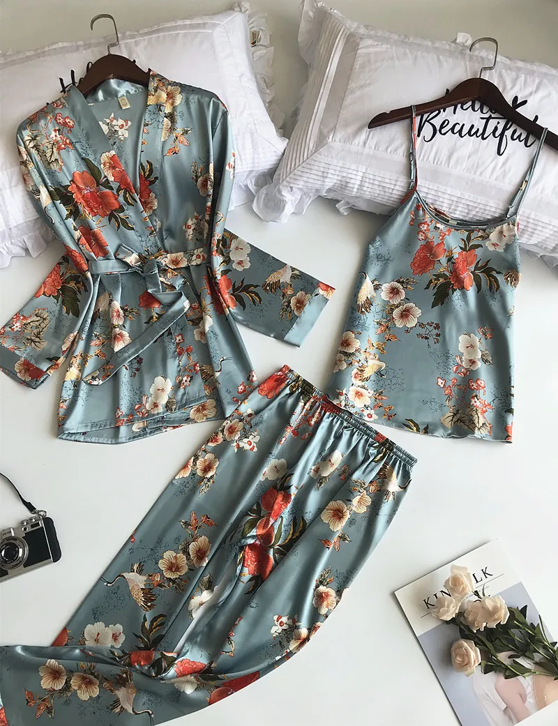 Women Pajamas Sets Pyjama Home Clothing Pijama 3 Pieces Fashion Spaghetti Strap Satin Flower Print Long Sleeve Sleepwear Female