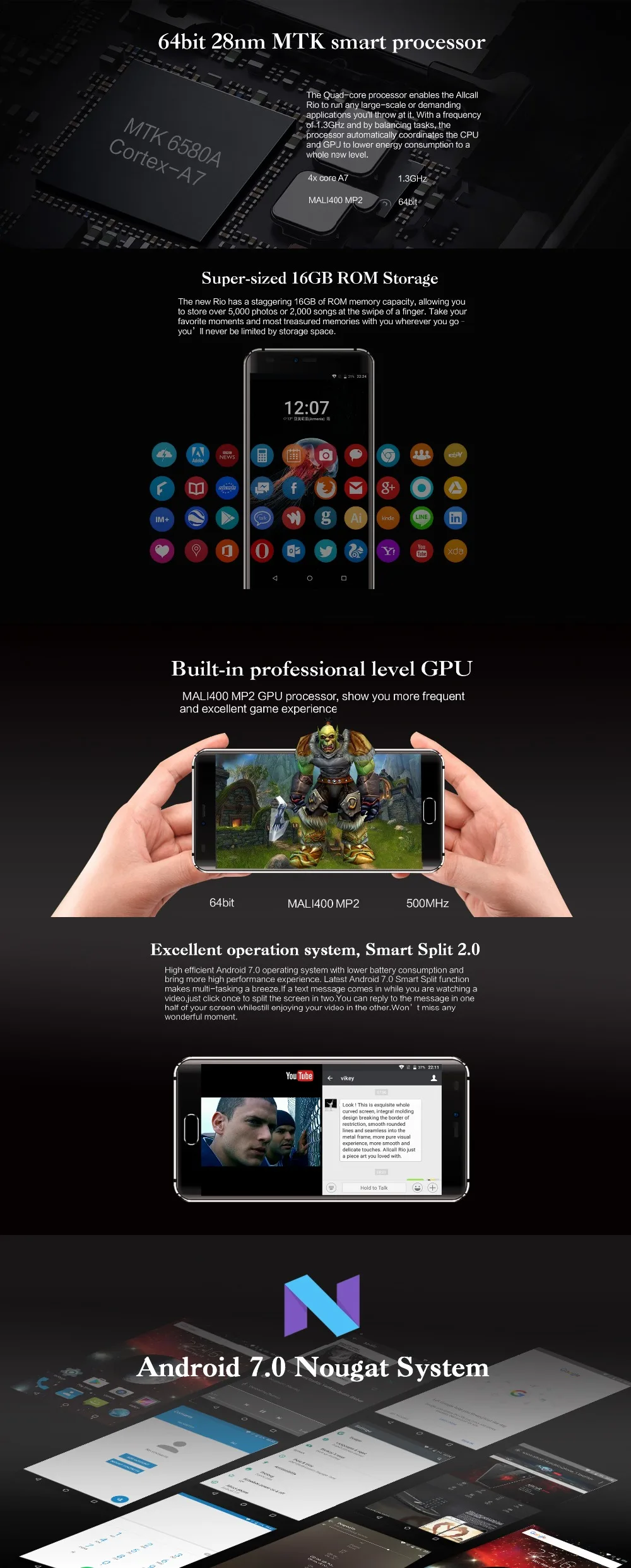Allcall Rio 5,0 ''3D изогнутый экран 3g смартфон Двойная Задняя камера Android 7,0 четырехъядерный мобильный 1 Гб+ 16 Гб gps телефон 2700 мАч