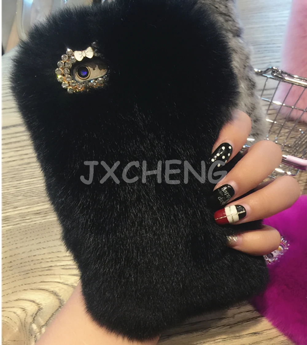 Черный Чехол с кроликом для Motorola Moto c E4 E5 G6 G4 G5S G6 Plus X4 Z3 Play/X Rhinestone Cony Hair TPU - Цвет: Черный