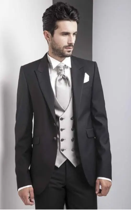 Новое поступление, одежда для жениха, смокинг с лацканами с острыми углами, мужской костюм, черный лучший мужской свадебный костюм(пиджак+ брюки+ жилет