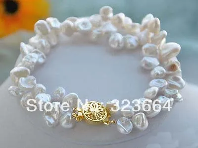 

2row 8" 10mm WHITE BAROQUE KESHI REBORN PEARL BRACELET