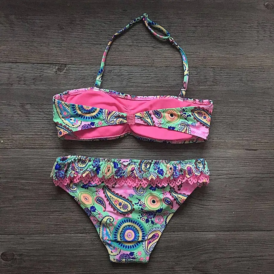 7-14 Years Print Baby Girl Bikini Children Two Piece Swimsuit Kids Infant Girl Swim Wear Hollow Out Toddler Girl Bathing Suits