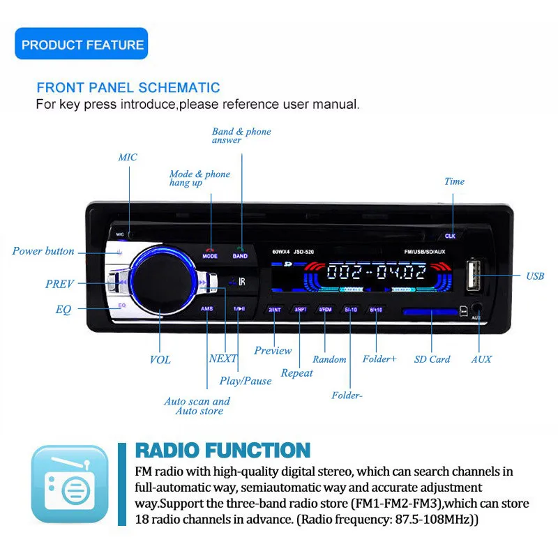 1X Автомобильный Bluetooth Радио стерео головное устройство плеер MP3/USB/SD/AUX-IN/FM In-dash 1 Din FM Aux вход с ISO портом авто аксессуары