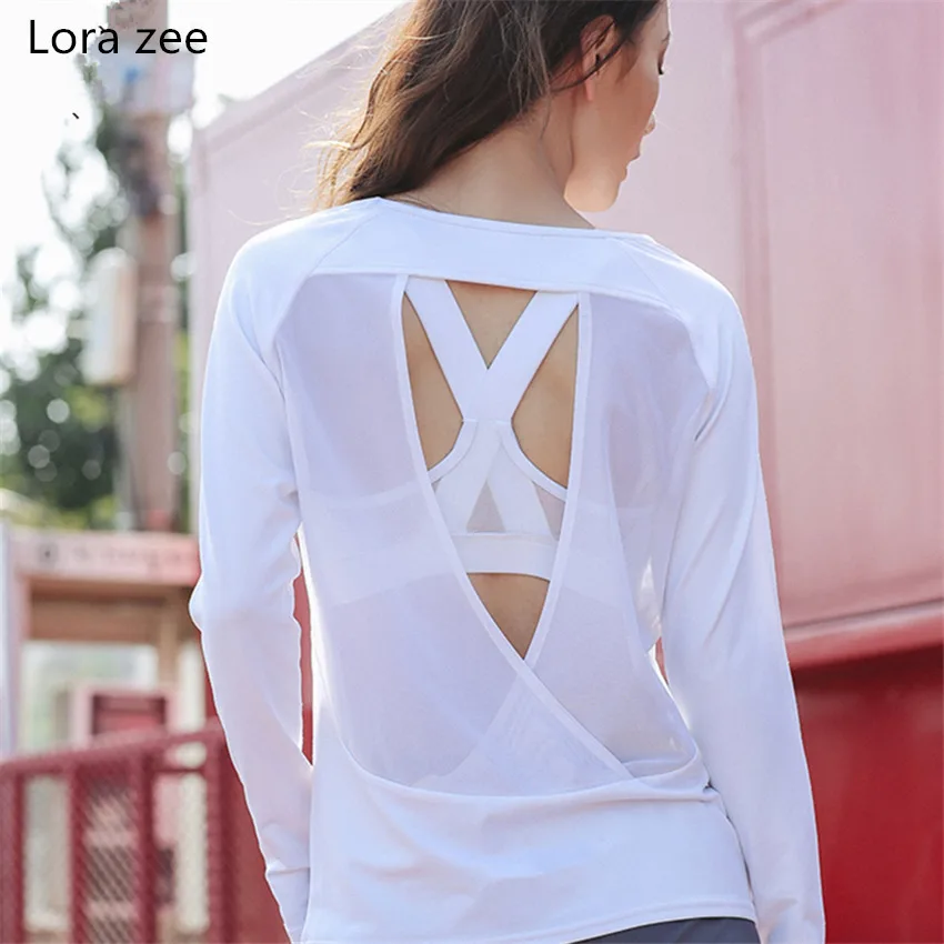 Lora Zee Backless Long Sleeve T Shirt Women Loose Fit Cute White Yoga