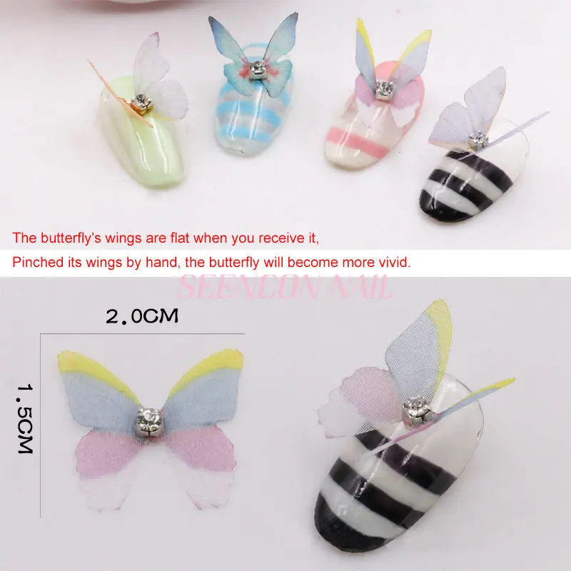10 шт 3D большая шифоновая бабочка металлическая основа с блестками Стразы Яркие бабочки дизайн украшения для ногтей аксессуары для ногтей