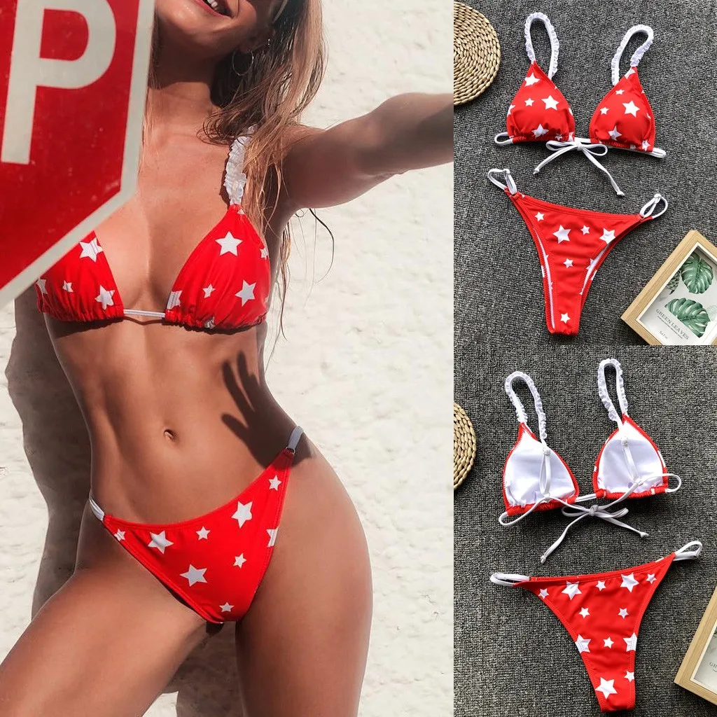 

New Fashion Sexy Women Swimwear Beach Wear Push Up Sets Swimwear Five-pointed star printed stretch bathing suit L326