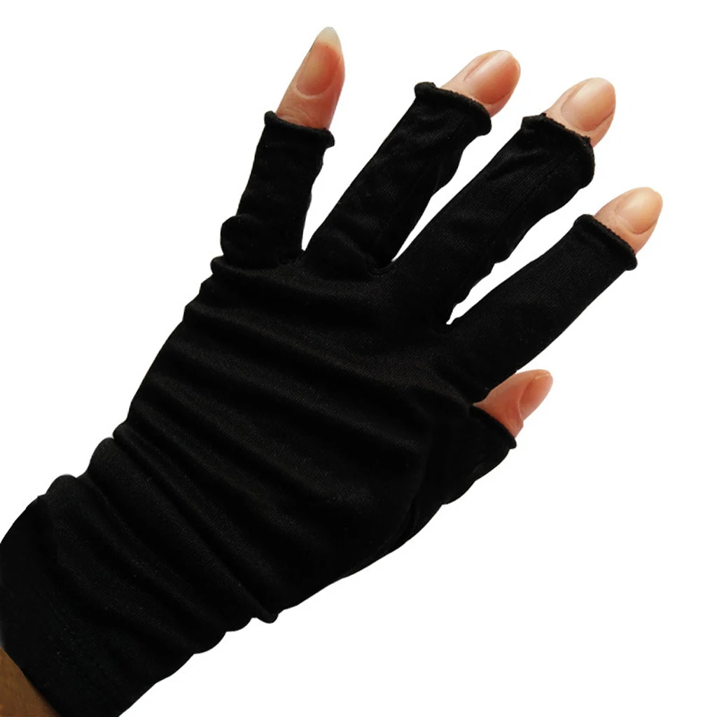 1 Pair Silk Retro Black Beige Womens Stretchy Half Finger Gloves, Soft thin lightweight UV Sun Protect Fingerless Short Gloves