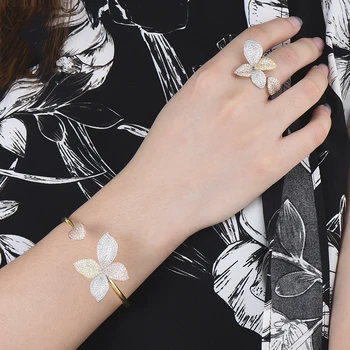 

missvikki Luxury Romantic Leaf Open Bangle Ring Full Paved CZ Trendy Original Design Charm Shiny Jewelry Set Sweet Women Gift