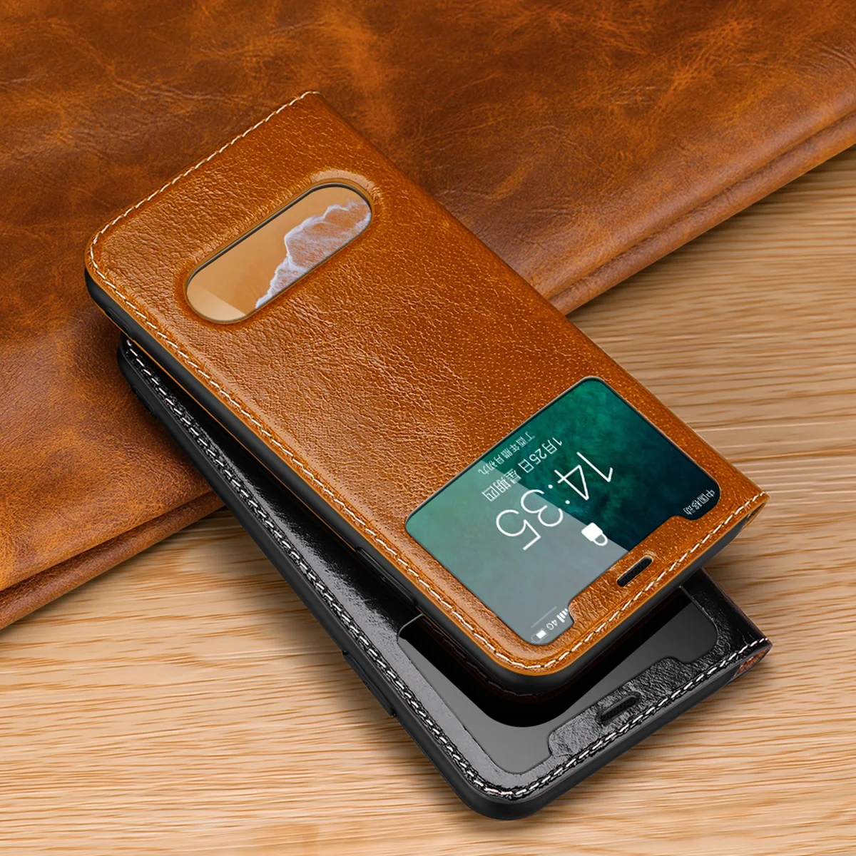 For iPhone Xs Max Xr X 7 8 6s Plus Genuine Leather Flip Case w/View Window Stand Smart Sleep/Wake Magnetic Closure Soft Cover