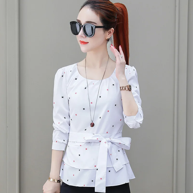  Fashion Printed Lady White Chiffon Blouses Size S-3XL New Korean Smart Waist Rayon Sweet Women Casu