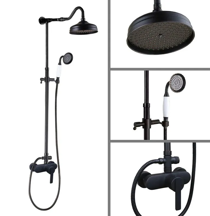 

Black Oil Rubbed Brass Single Handle Bathroom 8 Inch Round Rain Shower Faucet Set Bath Mixer Tap Hand Shower mhg655