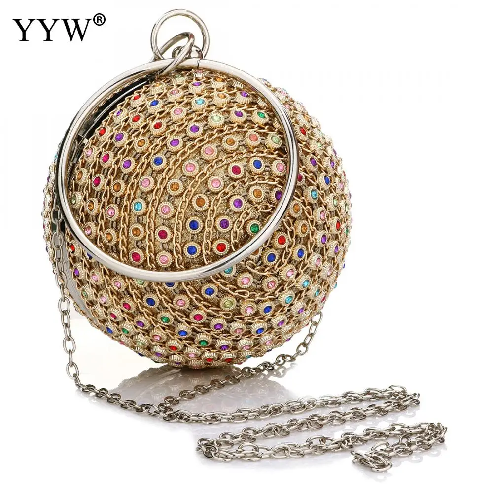 Luxury Gold Round Ball Evening Party Clutch Bag Quality Circular Ring Round Clutch Purse Rhinestone Multi-Colored Wedding Bag