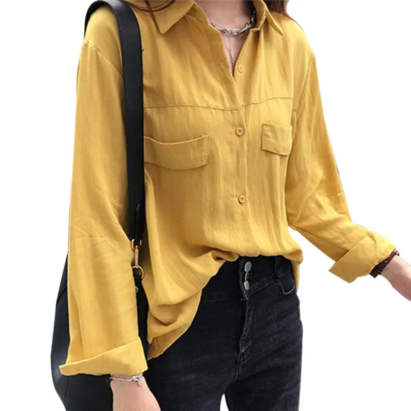 

Lady Spring Autumn Women's Blouse Long Sleeve Button Down Pockets Solid Turn Down Collar Loose Chic Blusas Office Women Shirt