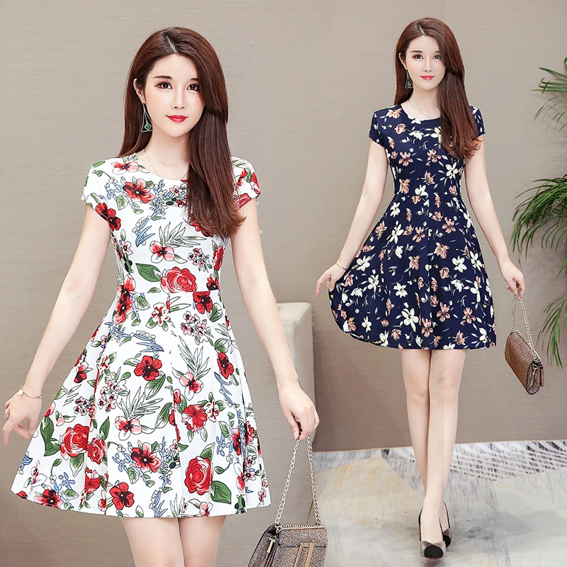 

2019 summer mother loaded Plus size M-3XL short-sleeved printed dress O-Neck sexy women clothing dress middle-aged casual dress
