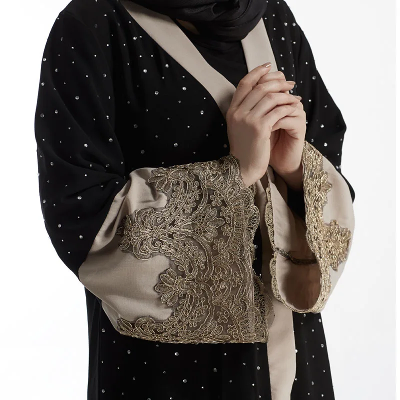 

Fashion Muslim Adult Caidigan Lace Beading Robe Muslim Turkish Dubai Embroider Open Abaya Arab Outwear with Blet