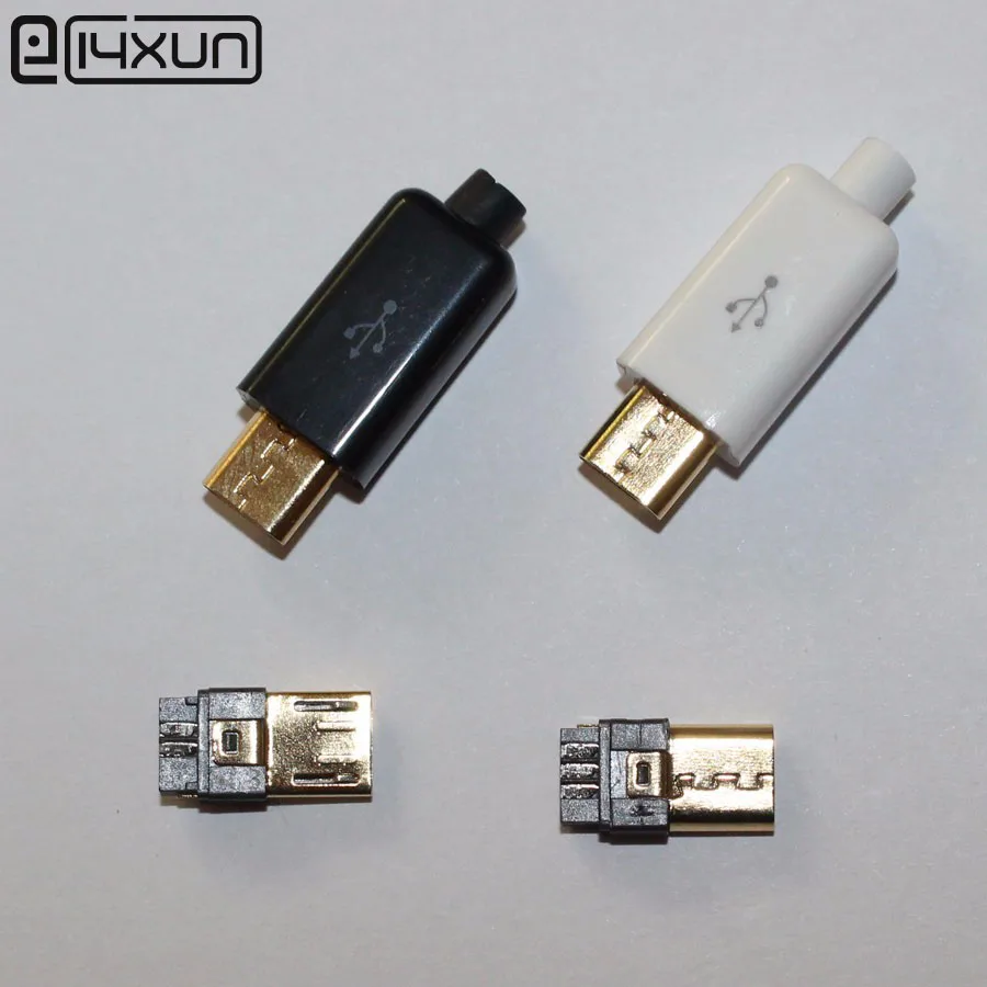 10 компл. DIY Micro usb Тип B Мужской 5 pin четыре части в сборе разъем розетка, 4 в 1 черный белый цвет части позолоченный USB