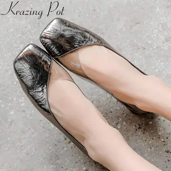

Krazing pot natural leather low heels high quality cow leather pvc patchwork square toe women pumps dress dinner party shoes l70