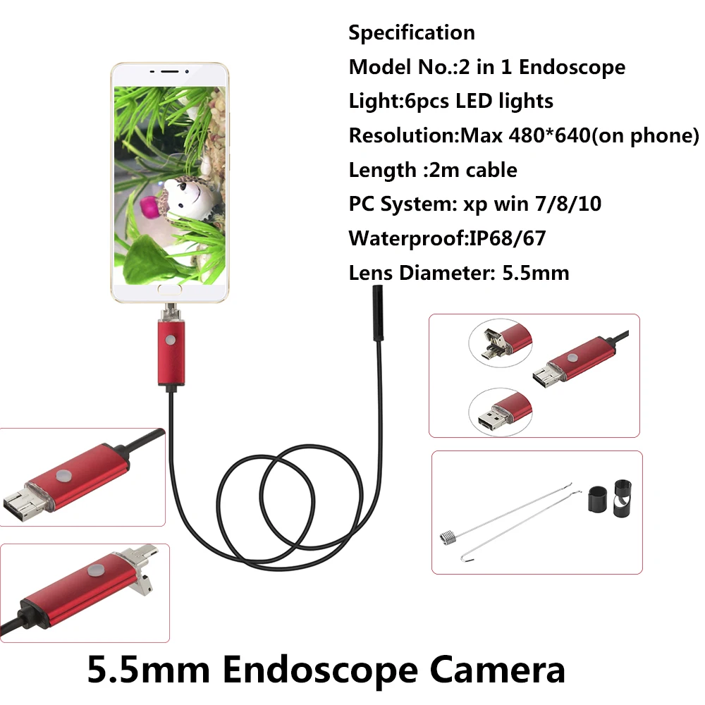 5.5 미리 메터 렌즈 2 메터 USB 내시경 IP67 방수 카메라 Andorid 내시경 6 LED 미니 카메라 2 1 안드로이드 전화 Endoscopio