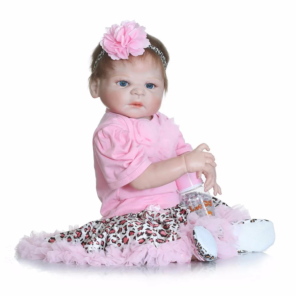

Reborn babies full silicone body 23" with pink dress can enter water children bath toy play house doll toys gift boneca