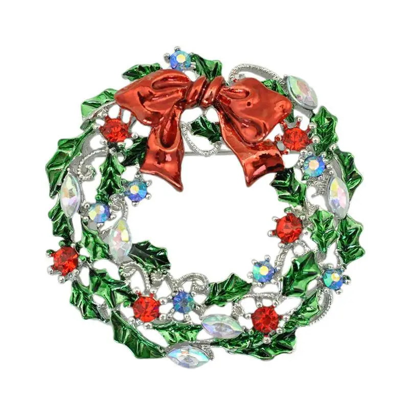 Wholesale Christmas Wreath Gift Brooch Pins Rhinestone Diamante Enamel