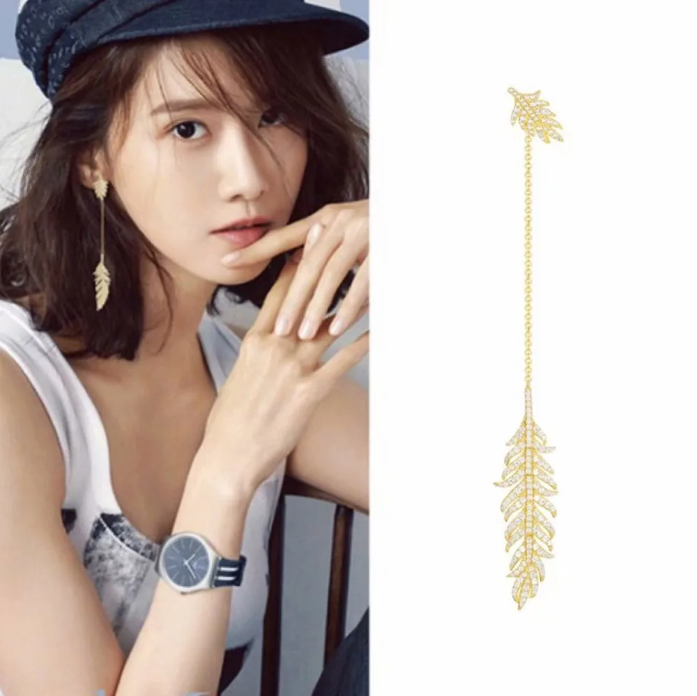 

New Arrvial Yellow Gold Color Leaf Feather Long Tassel Single one Drop Earrings Micro Pave Cubic Zirconia Stones For Women