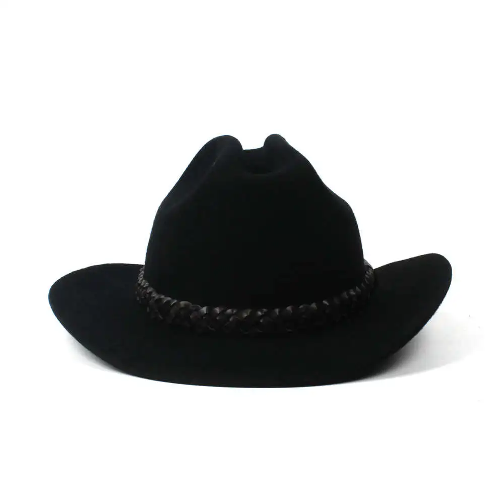 Wool Black Women Western Cowboy Hat For Autumn Lady Roll Up Brim Sombrero Cap With Fashion Leather Belt Size 57-58CM