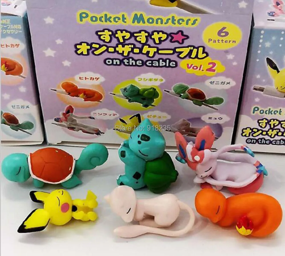 6Pcs Pichu Bulbasaur Squirtle Charmander Mew Sylveon 5CM PVC Animal Cable Protector Action Figures Toy Retail