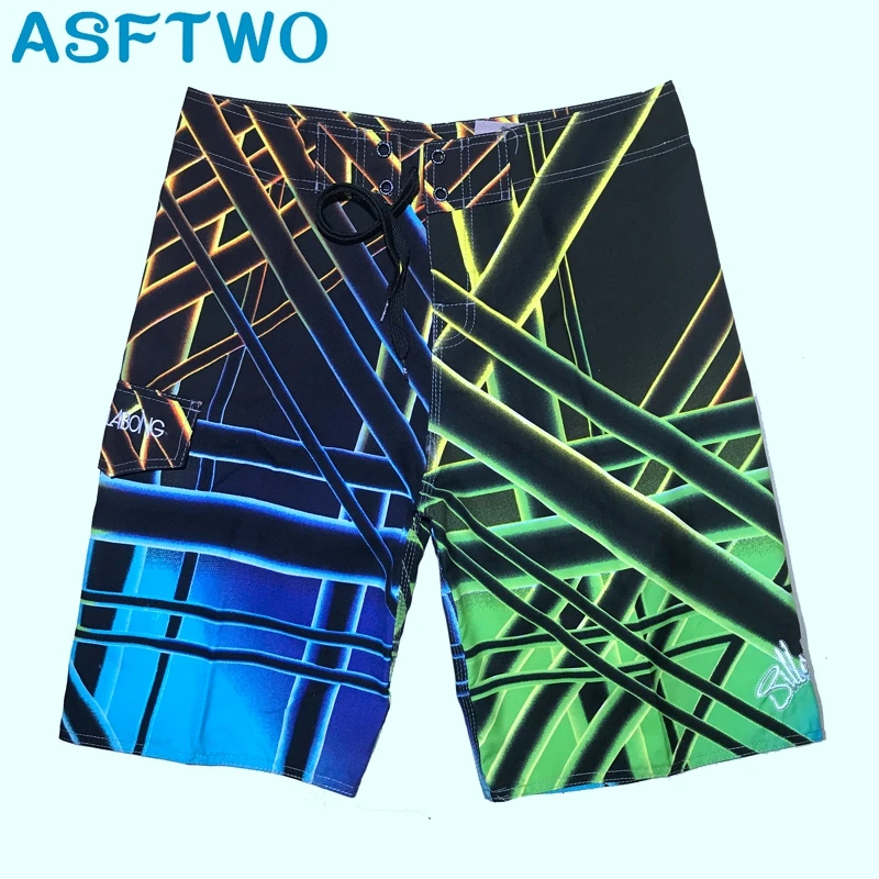 

ASFTWO Euro Style Board Shorts Mens Surfing Beach Shorts Printed Striped Trunks Quick Dry Swim Wear Home Bermuda