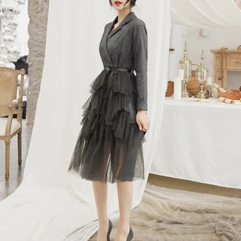 

Office Lady Women Summer Runway Dress 2019 Elegant Grey Black Ruffles Mesh Dress Sexy V Neck Business OL Work Dress Vestido