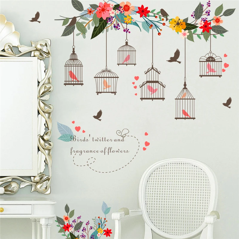 

colorful flower bird birdcage wall stickers for living room posters 3d garden floral wedding decoration pvc wall art decals