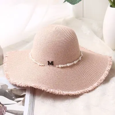 Новые летние женские шляпы от солнца козырек шляпа с широкими полями модные жемчужные буквы Burr соломенная шляпа Открытый морской праздник пляжные кепки - Цвет: pink