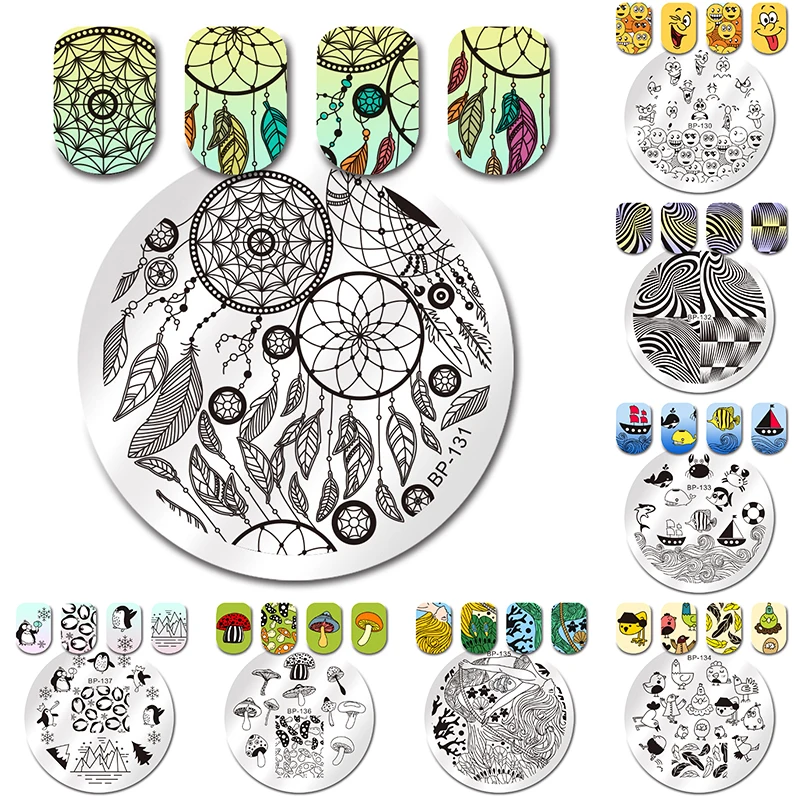 

BORN PRETTY Round Stamping Plate Dream Catcher Geometry Feather Penguin Snowflake Manicure Nail Art Image Plate BP130-137
