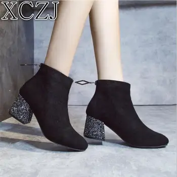 Boots female 2019 new women's shoes sequins thick with suede boots, wild Martin boots, women's autumn and winter stretch boots