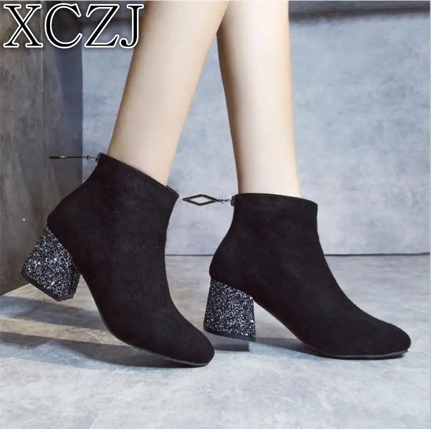Boots female 2019 new women's shoes sequins thick with suede boots, wild Martin boots, women's autumn and winter stretch boots