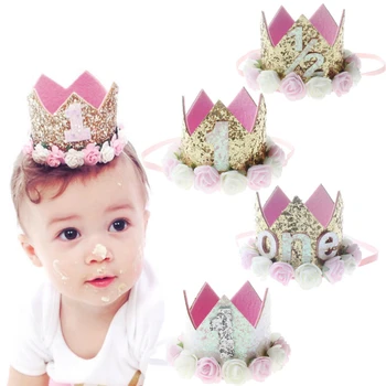 

2018 Flower Crown Newborn Headband Gold Birthday Crown Flower Tiara Headband for Kids Party Headwear Hair Bands Accessories Gift
