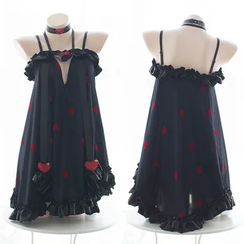 

Lolita Girls Sling Nightdress Hollow Out Sweet Heart Sleepwear Navy Blue Dress Kawaii Women Pajamas Homewear