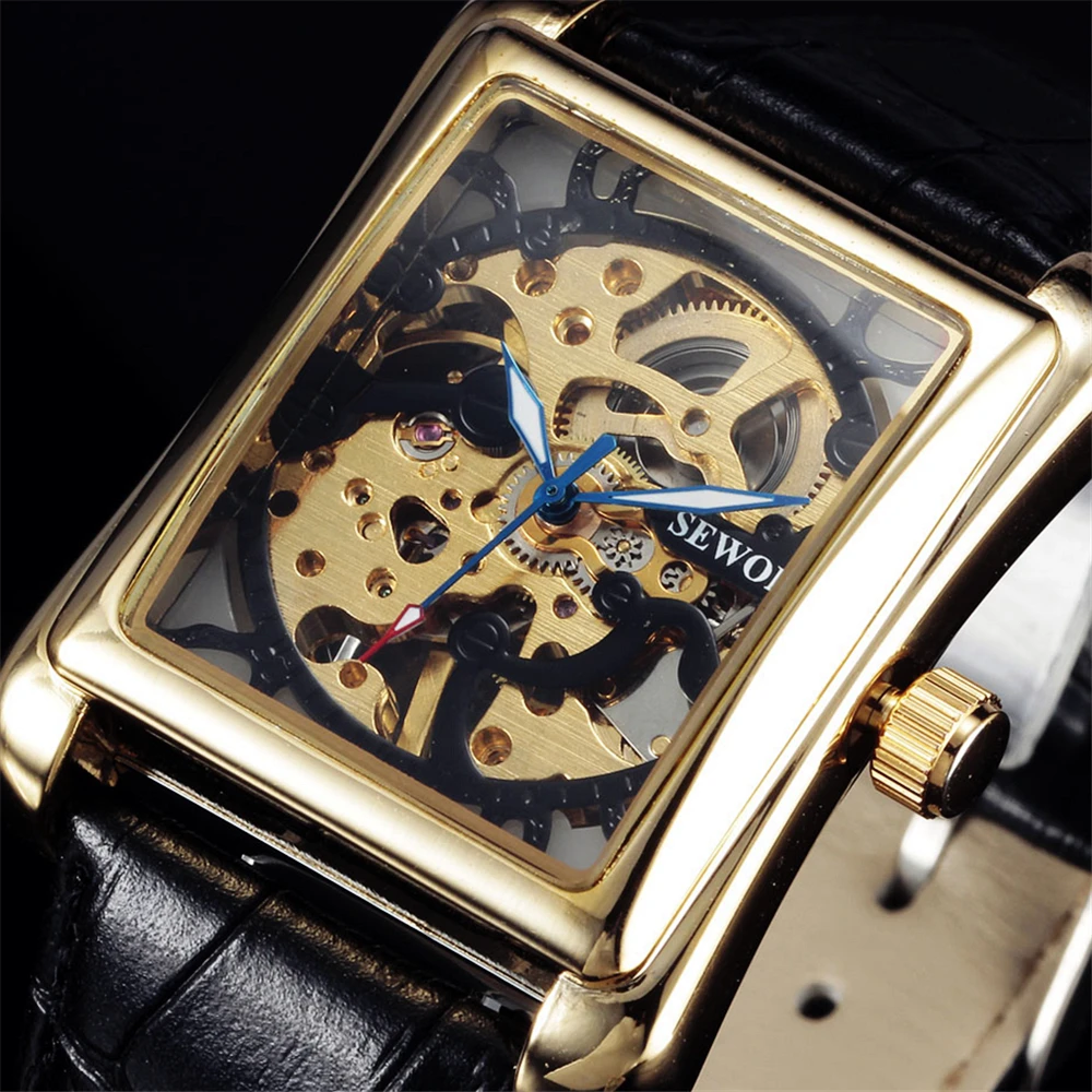 

2016 Top Brand Sewor Luxury Men Mechanical Watches Rectangle Skeleton Dial Hand Wind Leather Strap Men's Fashion Wristwatches