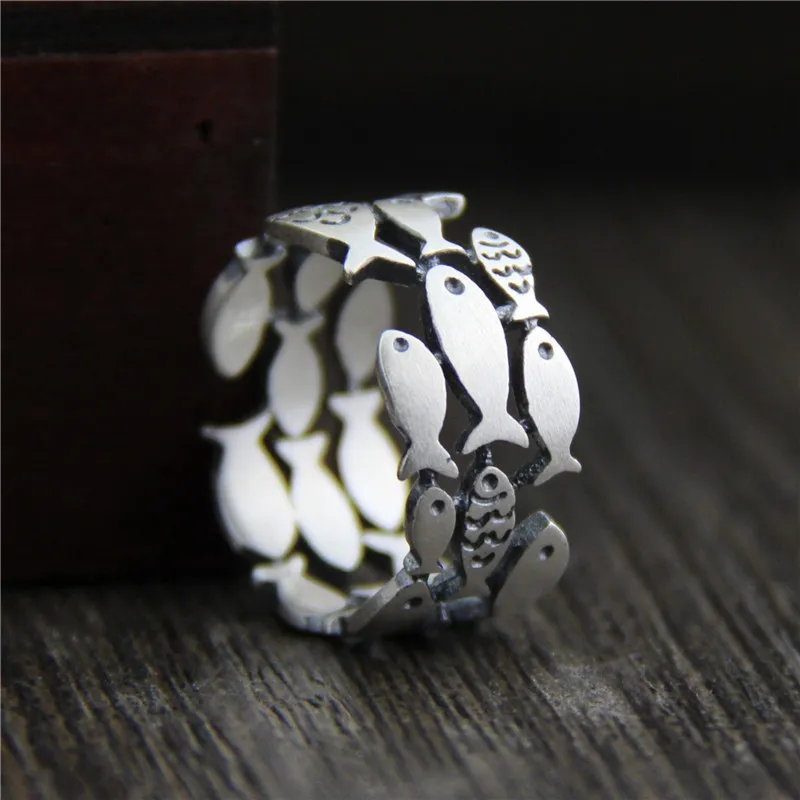 Najtaniej Trzy rzędy Hollow pływanie ryby pierścień zwierząt gwarantowana 925 Sterling Silver Rings dla kobiet Antique matowy przetwarzania biżuterii