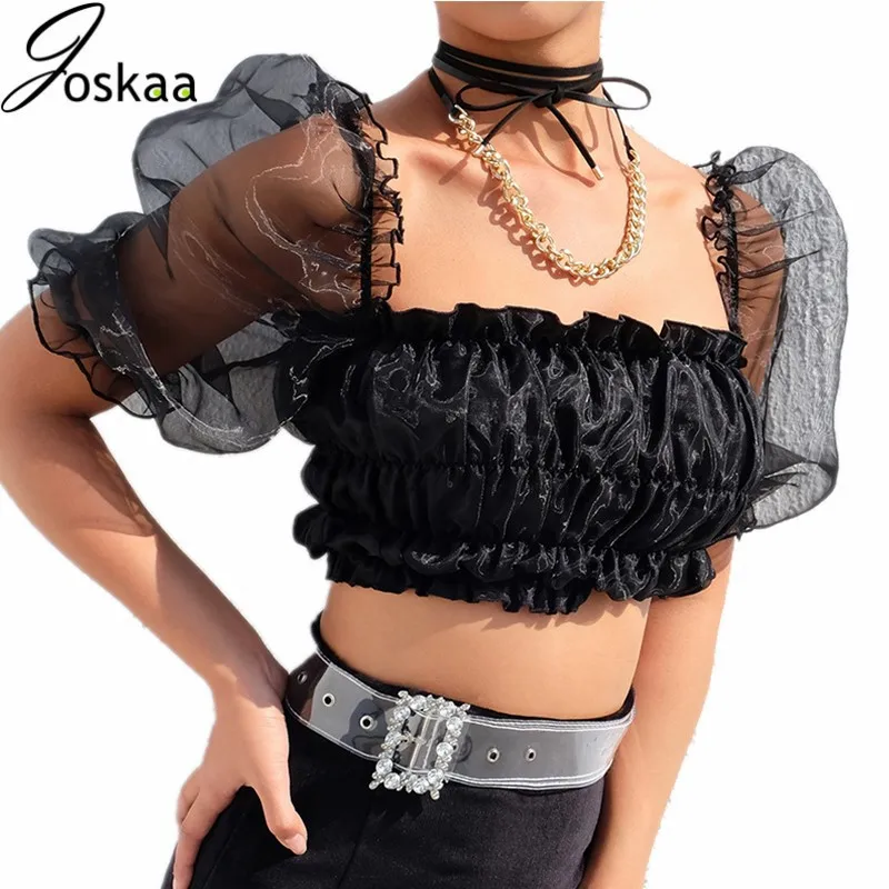 

Joskaa Fashion Chic White Shirt Women Organza Puff Sleeve Ruched Ruffles Womens 2019 Tops Summer Crop Top New