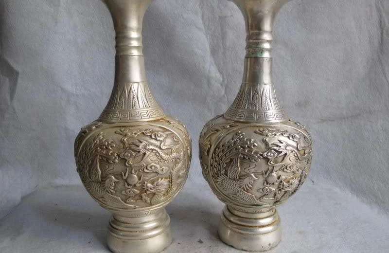 

9 Chinese White Copper Silver Royal Palace Dragon phoenix Play Bead Vase Pair